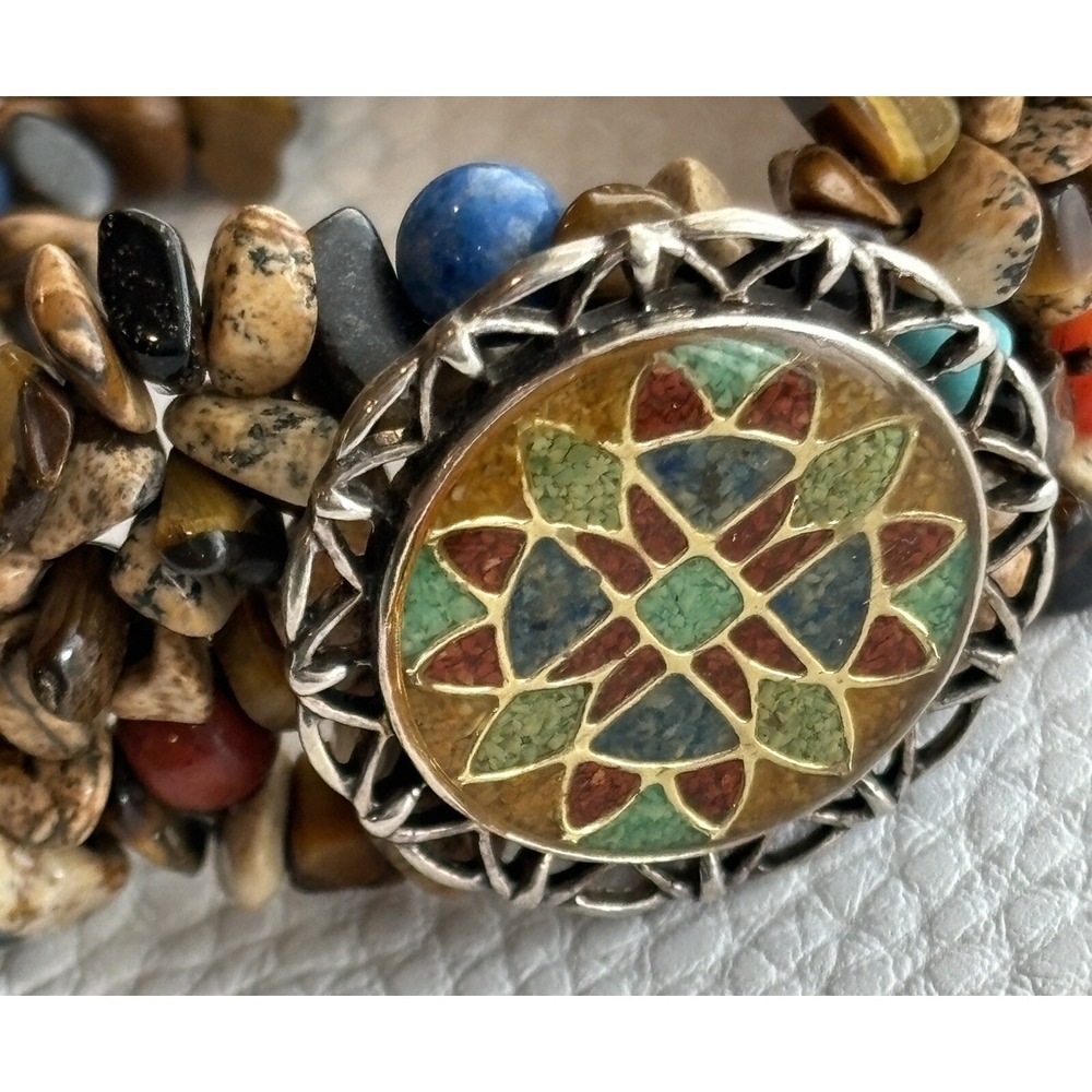 Vintage CAROLYN POLLACK Bracelet 925 Jasper Tiger's Eye Cluster Stretchy Mosaic - Picture 2 of 9